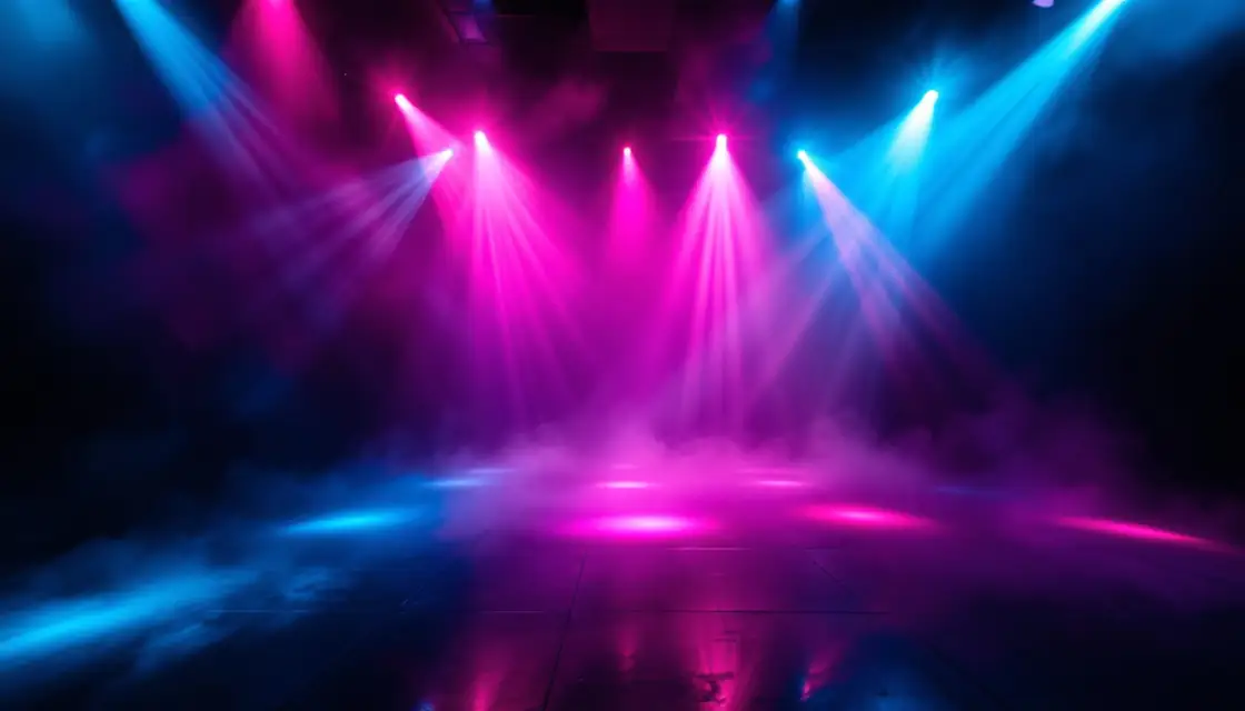 A nightclub dance floor lit by abstract laser light and haze