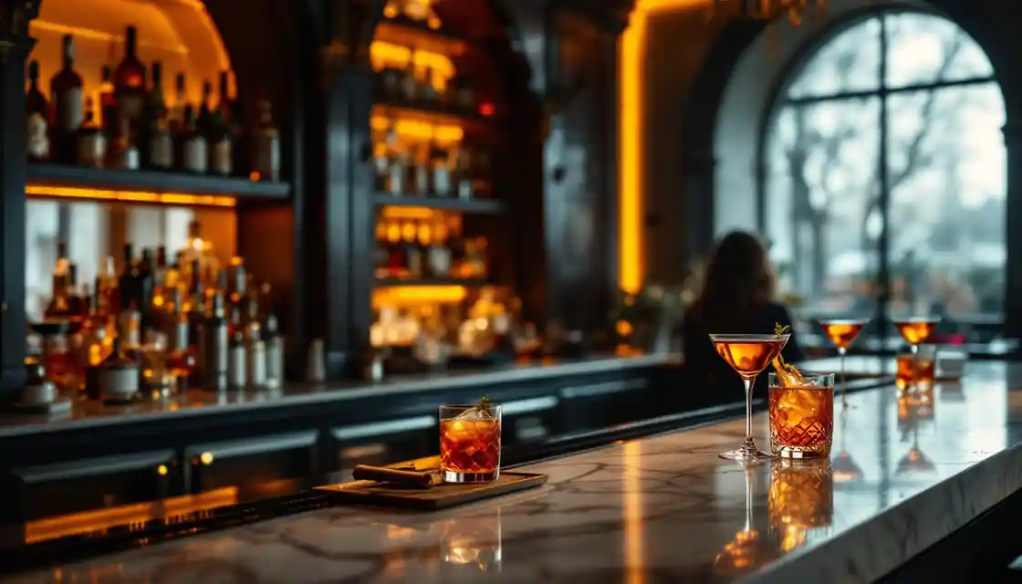 A moody cocktail bar counter with backlit bottles