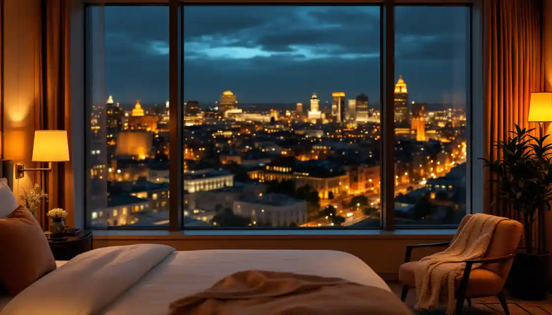 A boutique hotel room at night overlooking city lights
