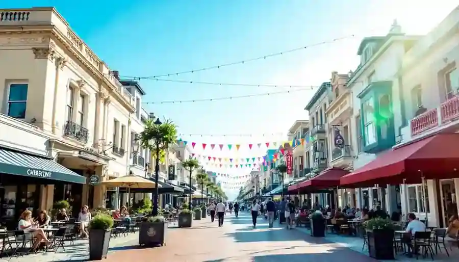 An upscale pedestrian entertainment street by day with bunting overhead