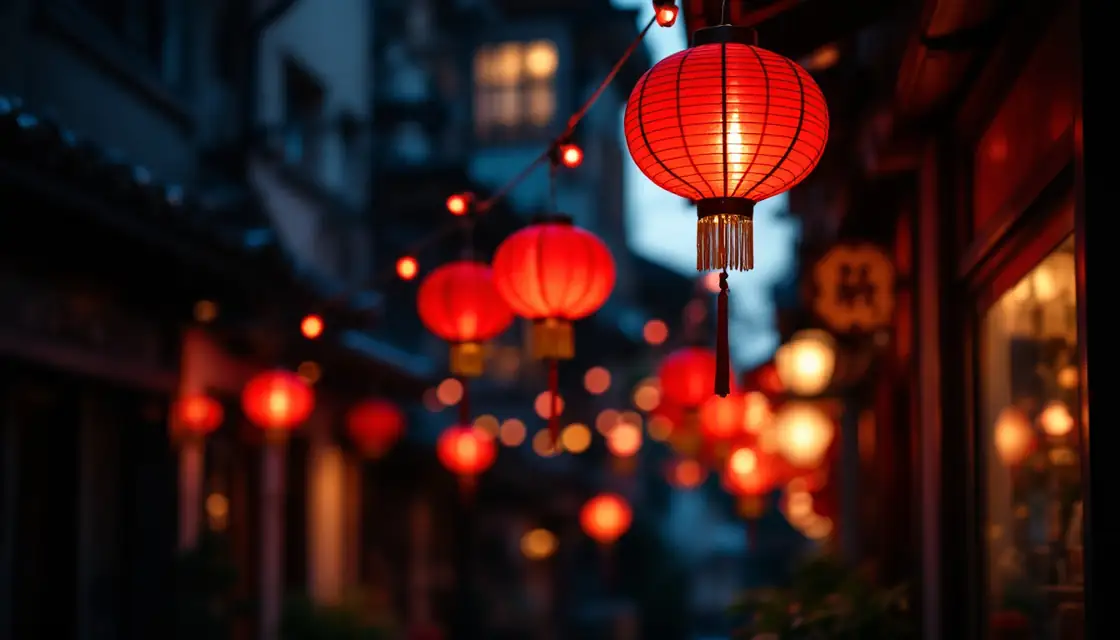 Red paper lanterns strung across a night street beside the quarter