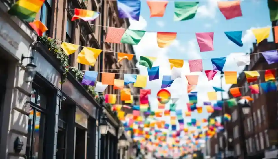 Rainbow bunting and flags strung over a street at dusk