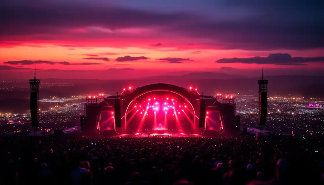 Distant festival stage lights and haze at night
