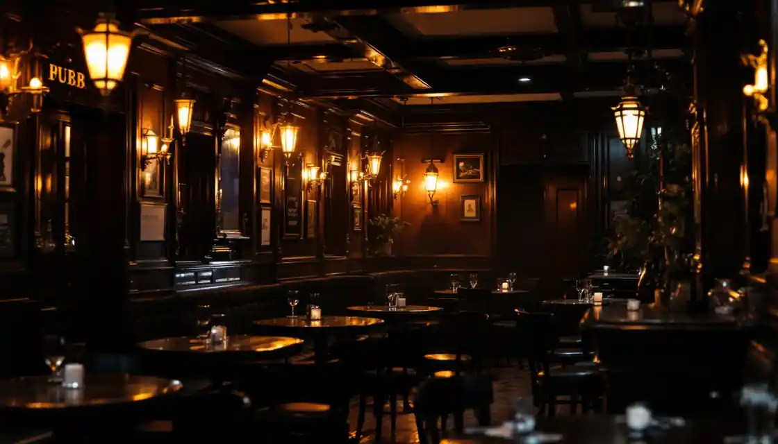 A cosy traditional pub interior at night, warm lamplight