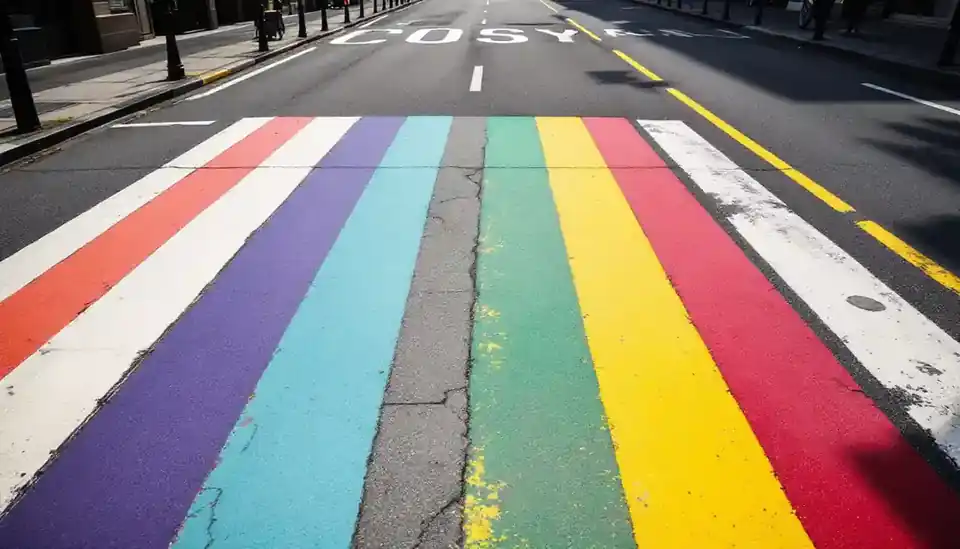 A rainbow-painted pedestrian crossing at night, wet with reflections