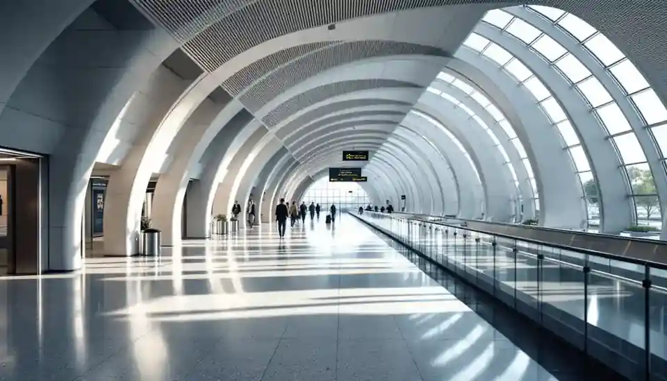 A sleek modern railway station concourse at night
