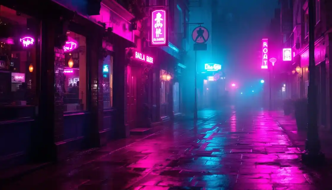 A quiet bar-quarter street at night glowing with pink neon