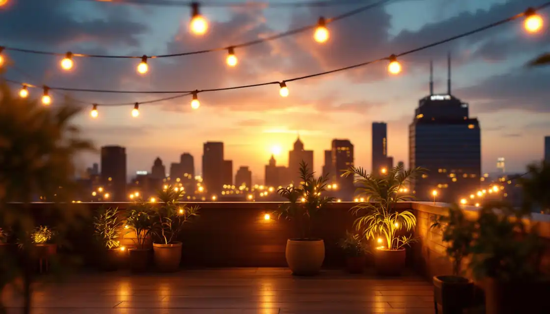 A rooftop bar terrace at night with warm string lights