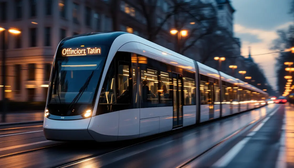 A modern city tram on a street at dusk