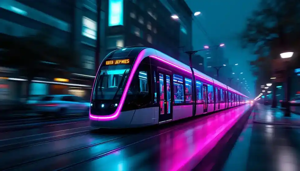 A modern city tram on a street at dusk