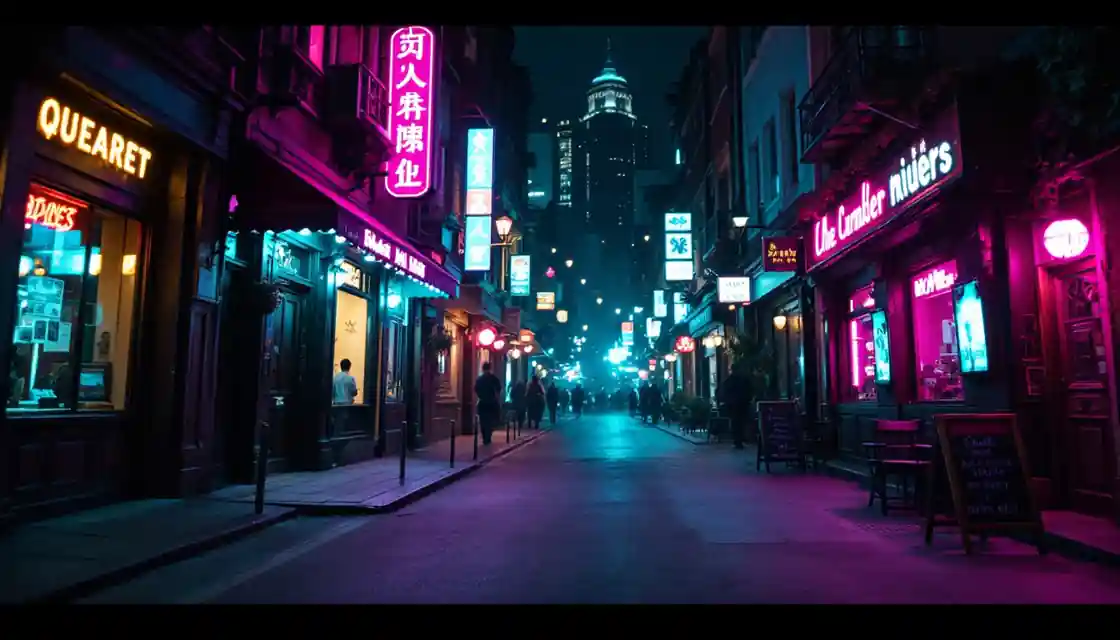 A lively night entertainment quarter lit by neon